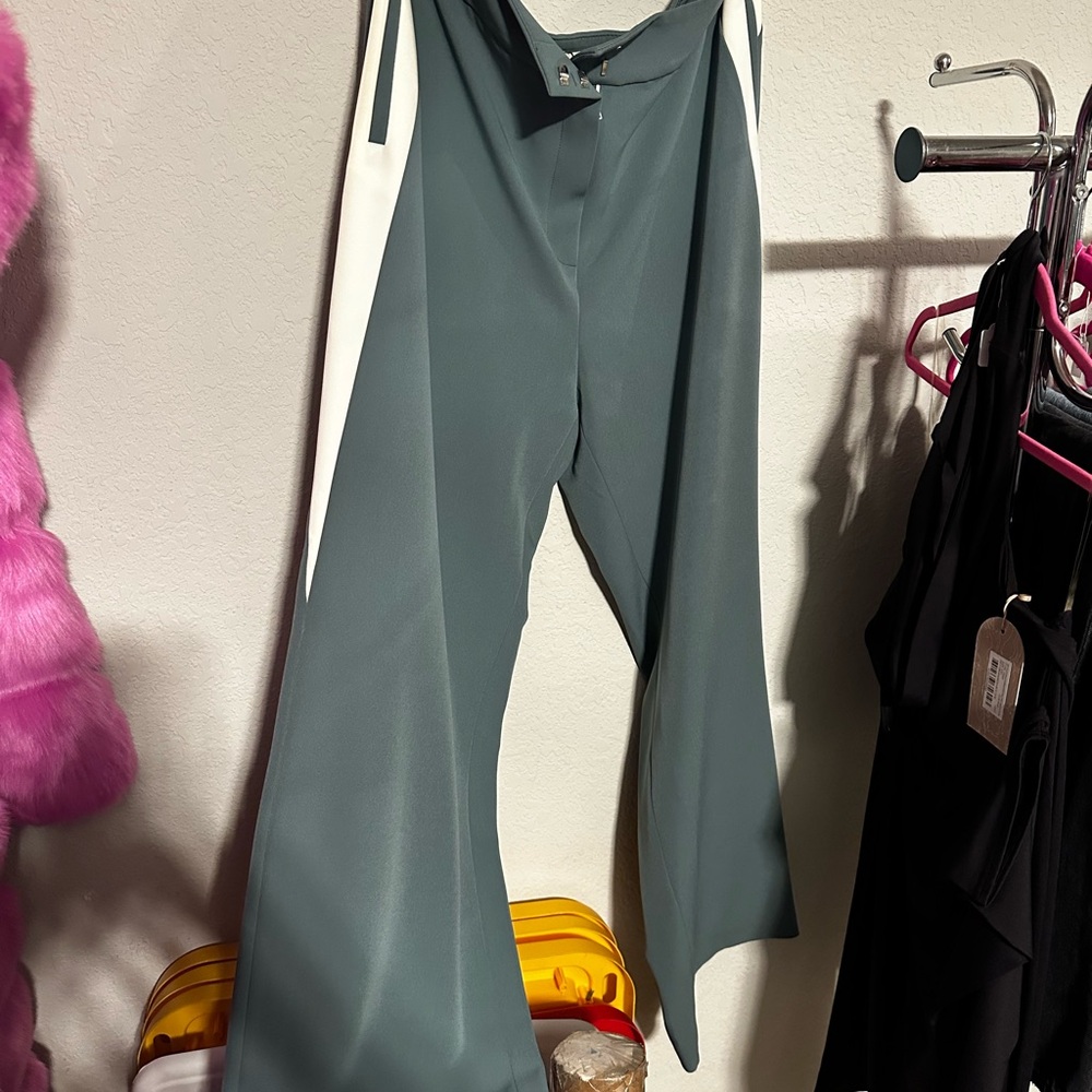 High-Waist Wide-Leg Trousers in Slate Green with White Side Panels